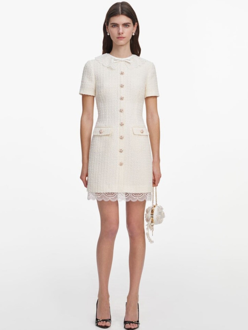 Self Portrait Cream Boucle Lace Trim Tailored Mini Dress